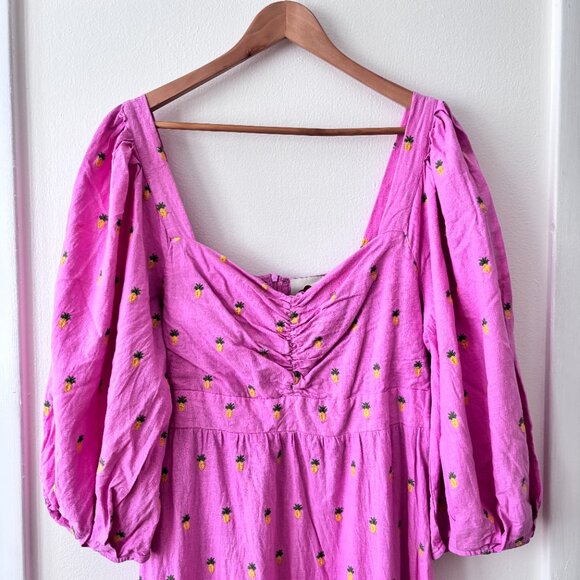 FARM Rio Pink Embroidered Pineapples Puff Sleeve Midi Dress - Picture 7 of 11